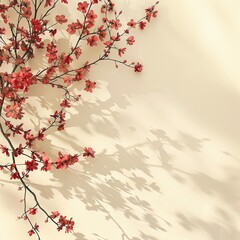 Beige Background with Red Flower Branches: Delicate Floral Pattern in Minimalist Design