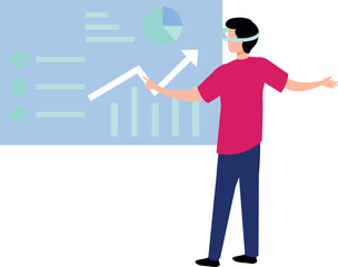 The boy is wearing VR glasses while watching chart graph.