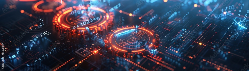 Poster a digital blueprint of a crypto exchange with gears and cogs bein