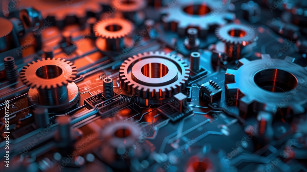 Poster a digital blueprint of a crypto exchange with gears and cogs bein
