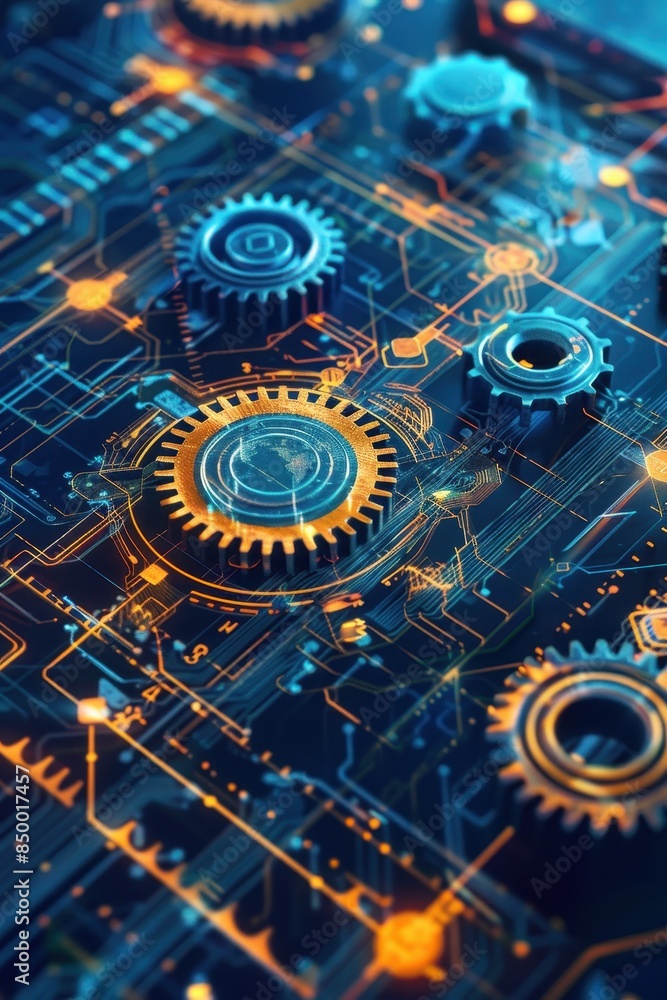 Poster a digital blueprint of a crypto exchange with gears and cogs bein