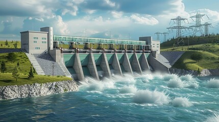 Illustrate a hydroelectric power plant feeding electricity into a high voltage transmission line, with rushing water and spinning turbines powering the grid