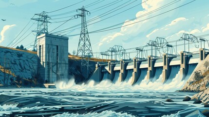 Illustrate a hydroelectric power plant feeding electricity into a high voltage transmission line, with rushing water and spinning turbines powering the grid 