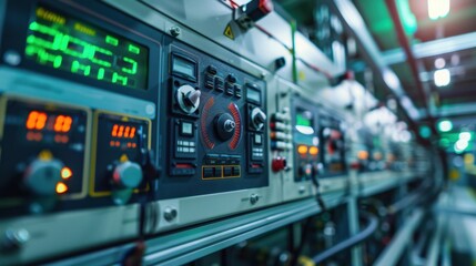 Illustrate a relay station monitoring power flow in real-time, with digital readouts and pulsating indicators conveying the dynamic nature of electrical distribution 