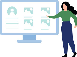 The girl is showing user profile on monitor.