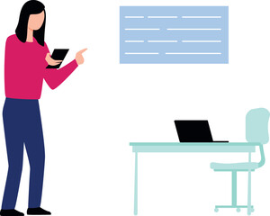 The girl is standing in the office.