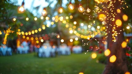 Defocused Outdoor Wedding After-Party With Glittering Fairy Lights in a Verdant Garden