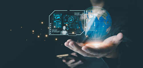 Businessman is showing concept of future technology and internet connection network with AI as controller. A graphic floated in the air on his hand. Data center network concept.