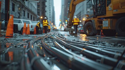 Generate an underground cable installation scene in a bustling urban environment, showcasing the meticulous process of laying high voltage cables beneath city streets 
