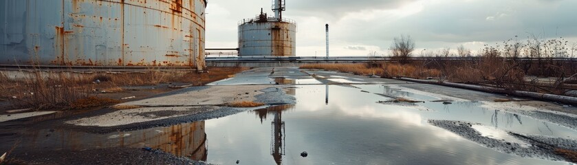 A large industrial oil tank stands tall next to a puddle on the ground