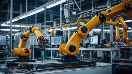 Fototapeta premium High-tech industrial robot arm working on an assembly line in a modern factory, concept of automation