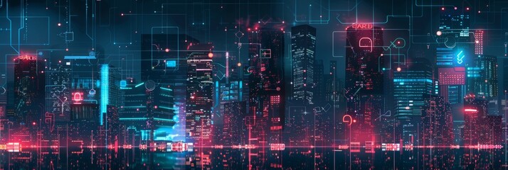 Modern futuristic digital circuit city building background. 