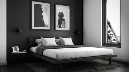 A minimalist teenage girl's room showcasing a monochrome color scheme, a sleek, contemporary bed frame, and high contrast black and white photography on the walls.