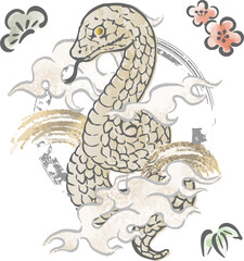 2025年賀状　年賀　2025　巳年　巳　蛇　へび　水墨画　浮世絵　日本画　手描き　イラスト素材