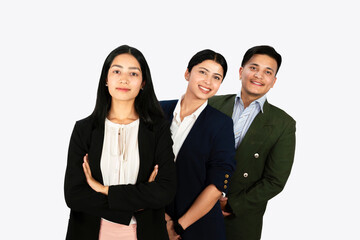 A confident and happy group of business co-workers showing teamwork in formal dress in an office