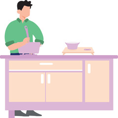 A boy is cooking the food in the kitchen.