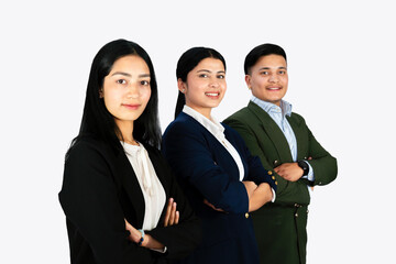 A confident and happy group of business co-workers showing teamwork in formal dress in an office