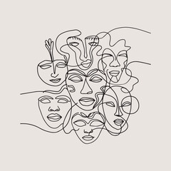 Cubism abstract face, line drawing, trendy portrait, fashion cute minimal design. Modern abstract face portrait 06