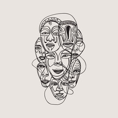 Cubism abstract face, line drawing, trendy portrait, fashion cute minimal design. Modern abstract face portrait 07