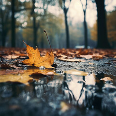 Autumnal season maple leaves fall on the ground in after rain