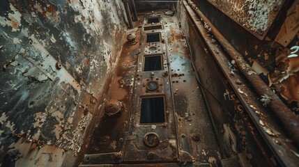 Ancient, rusted elevator shaft in an abandoned building, with crumbling walls and exposed wires, capturing the eerie silence and decay