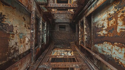 Ancient, rusted elevator shaft in an abandoned building, with crumbling walls and exposed wires, capturing the eerie silence and decay