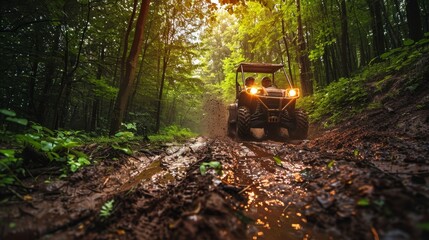 ATV climbing a steep, muddy hill in a forest, leaves and mud flying, intense adventure, vibrant greenery