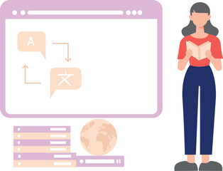 A girl is learning English through an online translator.