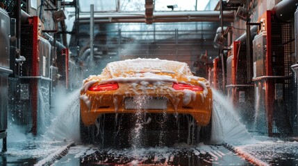 Automatic car wash station rear view, car covered in thick soap foam and hit by strong water jets, creating a visually striking image
