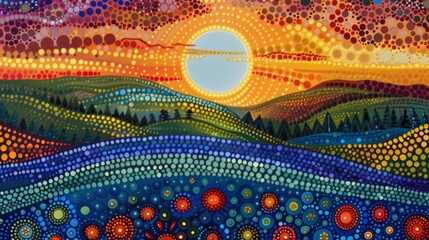 Surreal sunrise over a vibrant landscape dotted with colorful spheres, merging abstract forms with vivid hues.

