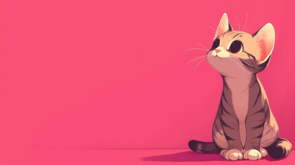 A cute cat is sitting on a pink background