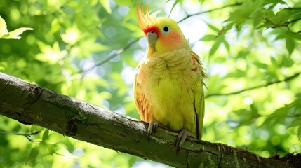 Fototapeta premium Vibrant cockatiel perched on a tree branch with lush green background