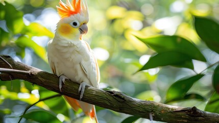 Cockatiel with vibrant plumage perched on a branch amidst lush foliage