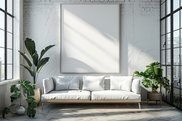 Mockup of blank wall with poster in office room created with Generative AI
