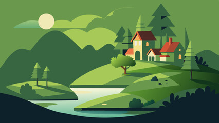 A mesmerizing illustration of a house and tree surrounded by beautiful scenery.