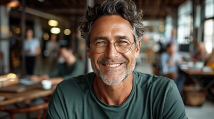 Obraz premium Cheerful mature man with glasses smiling in a cozy cafe environment, enjoying his time surrounded by people and warm lighting.
