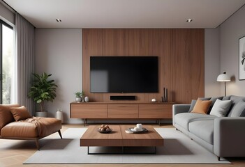 Photorealistic 3D visualization of a modern, cozy living room with a large, plush gray sofa, a sleek TV cabinet in a rich wood tone