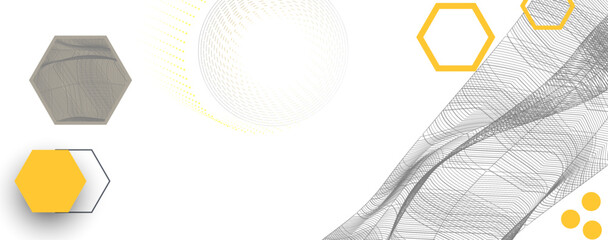 abstract technological background. Wireframe wave with hexagons of different types in a gray and yellow color.