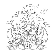 Naklejka premium Vector illustration of a gnome with flying bags. Halloween party. Cute gnome illustration