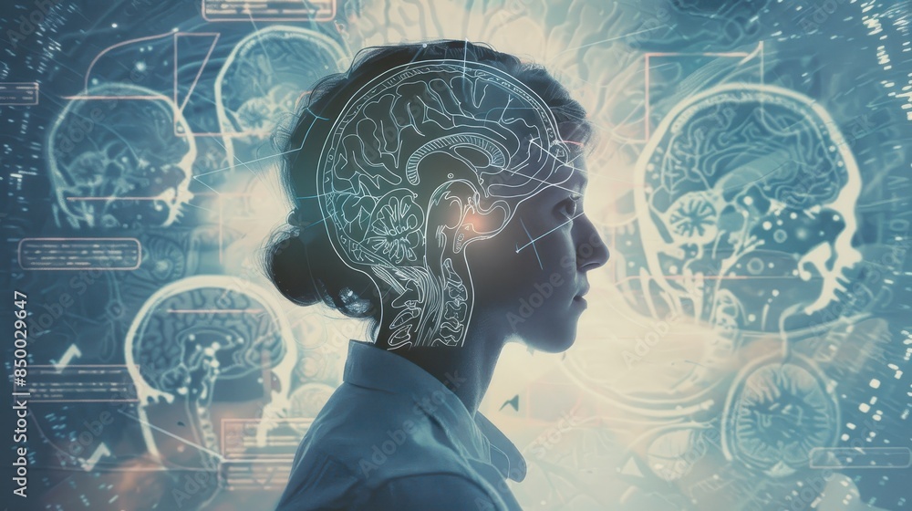 Poster a colorful painting of a brain with a red line running through it. the painting is abstract and has 