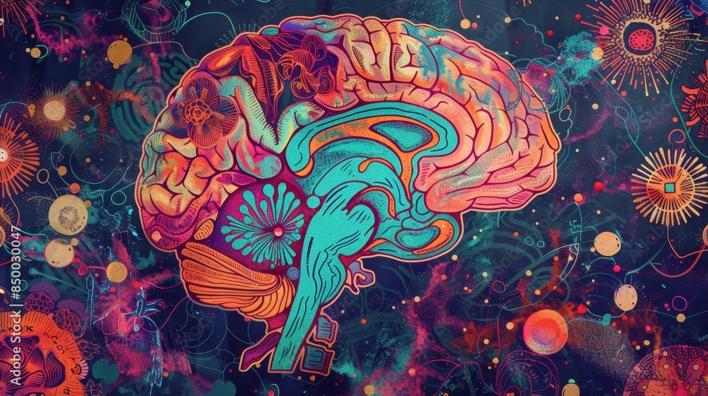 Poster a colorful painting of a brain with a red line running through it. the painting is abstract and has 