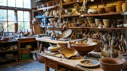 A pottery studio filled with various tools 