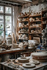 A pottery studio filled with various tools 