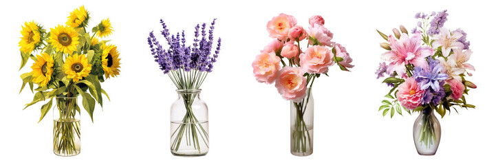 Obraz premium Bouquet of different flowers vase blossom png cut out element set