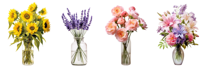 Bouquet of different flowers vase blossom png cut out element set