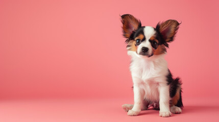 A small dog with brown and white fur is sitting on a pink background