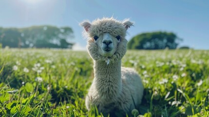 Fototapeta premium Closeup of a fluffy alpaca, standing gracefully in a lush green field, under a bright sunny sky, clear blue background