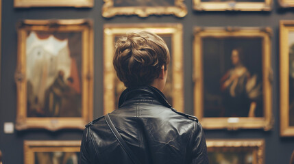young man looking at renaissance paintings 