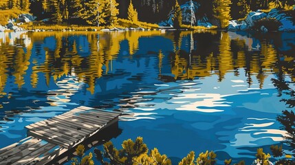 Scenic tranquil mountain lake with clear blue water, wooden dock, and pine trees reflecting in the water. Outdoor adventure and serenity.