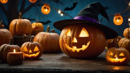 A Pumpkin Wearing a Witch's Hat on a Wood Table with Candles and Lanterns Around Them 